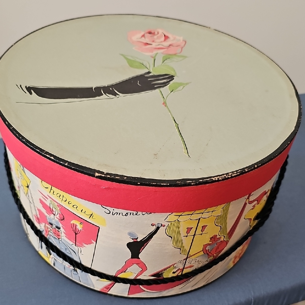 Mid-century Vintage Hat Box with Rose Design On Yop. French.